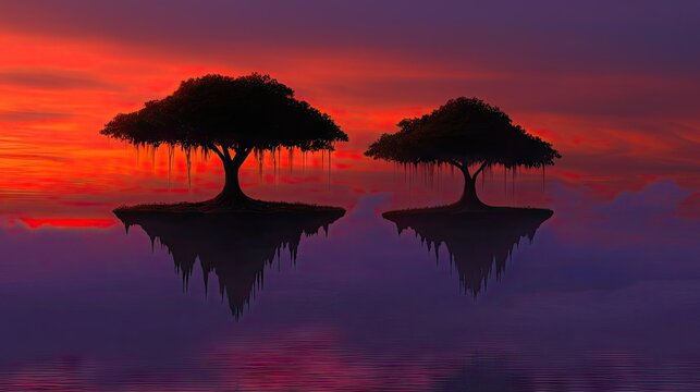 Two silhouetted trees float above a body of water at sunset