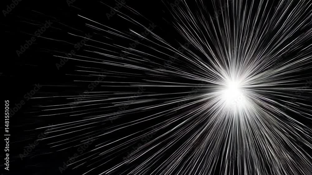 Poster abstract burst pattern of white lines emanating from central bright light on black, creating hyper-s