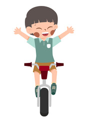 Joyful Child on Bicycle, Arms Raised in Celebration, Isolated.