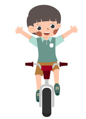 Joyful child learning to ride a balance bike, arms raised in cheerful excitement.