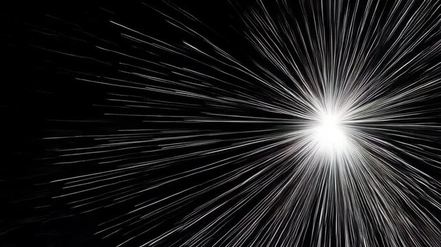Abstract burst pattern of white lines emanating from central bright light on black, creating hyper-speed motion or stargate effect.