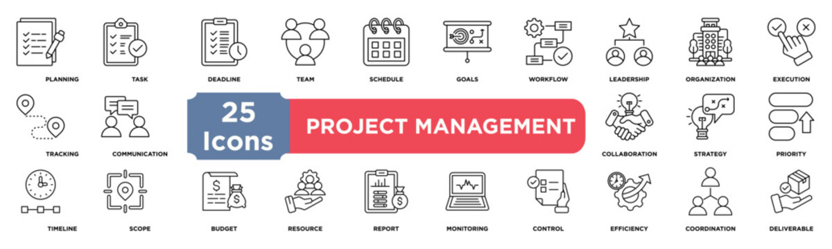 project management  icon collection set. Containing planning,task,deadline,team,schedule,goal,workflow,leadership,organization,execution icon. Simple line vector.	