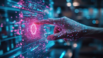 Hand interacting with a glowing holographic interface.  A finger touches a glowing circular data element on a digital display.  Colorful particles and lines surround the touch point