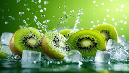 Kiwi Slices with Water Splash and Ice Cubes on Green Background