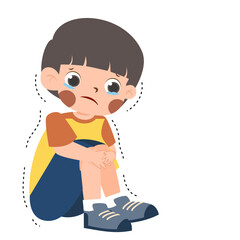 Sad Boy Crying, Hugging Knees, Shivering, Cartoon Illustration on White.