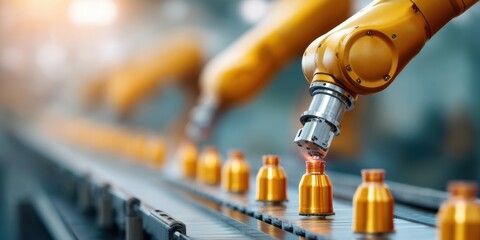 Fototapeta premium Future of Manufacturing Advanced Robotic Precision in Smart Industrial Automation - High-Tech Metallic Robotic Arms Transforming Production Efficiency and Next-Gen Manufacturing Innovation