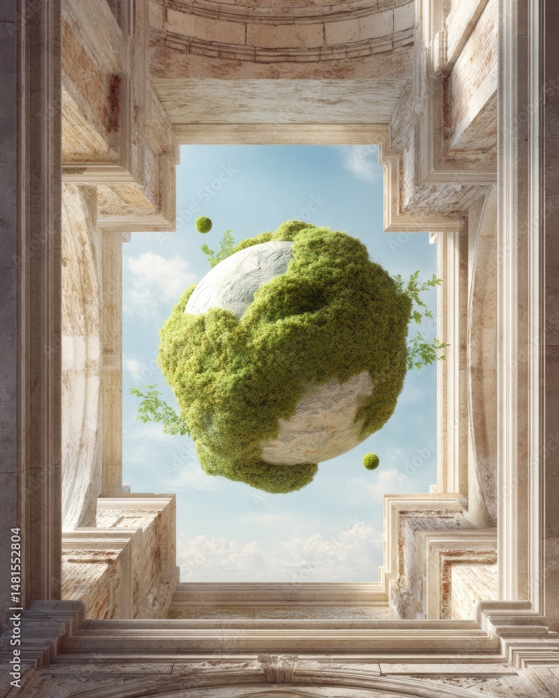Aufkleber eco-futurism meets classic architecture moss-covered globe symbolizing sustainable innovation and en