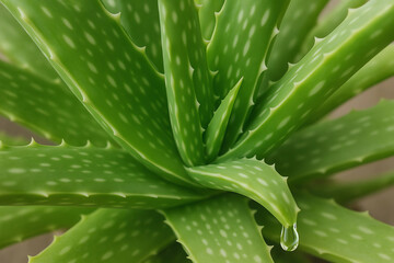 green leaves with water drops. aloe vera and aloe vera liquid drops. drops of aloe vera gel