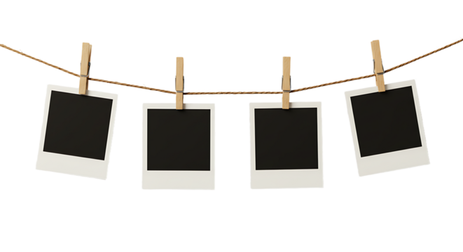 Four Blank Instant Photos Hanging on Twine with Wooden Clothespins