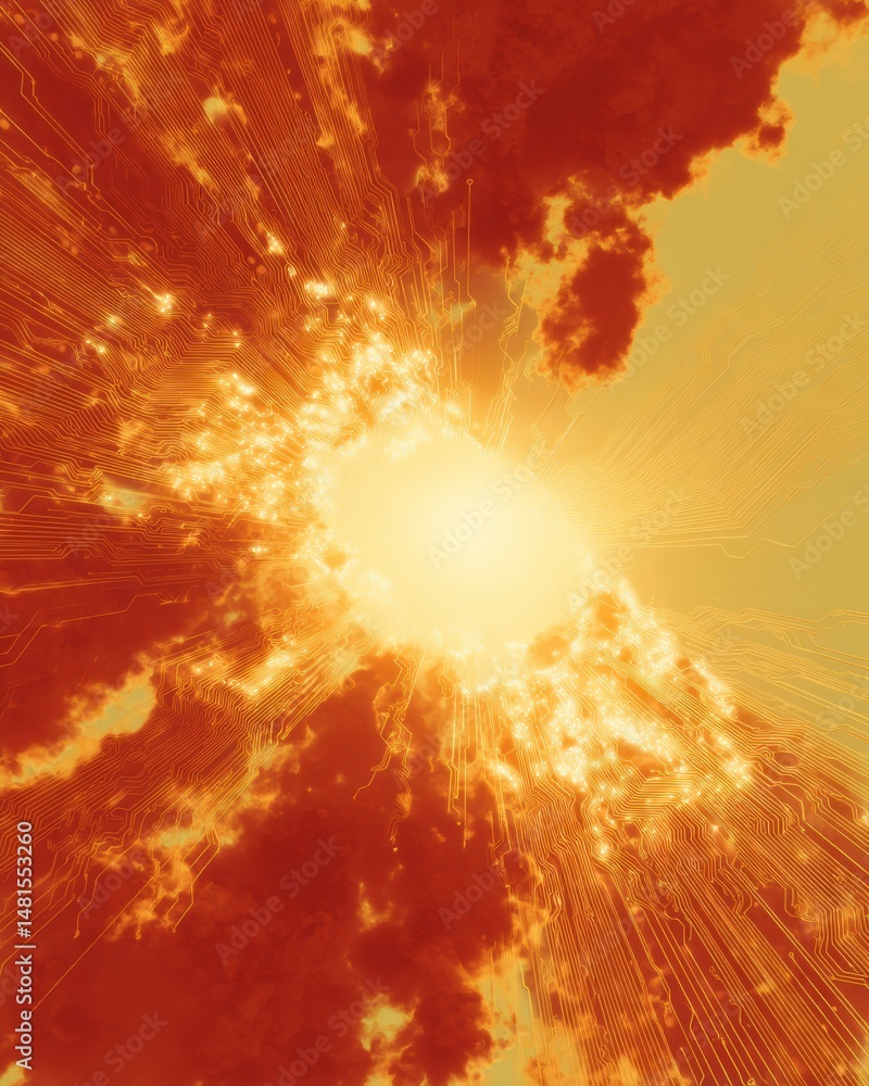 Leinwandbilder Explosive Digital Fusion Radiant Tech Breakthrough Visualization - Immersive Quantum Computing and Technological Singularity Concept Art in Vibrant Orange Spectrum