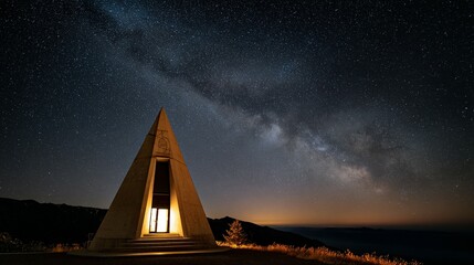 Obraz premium Illuminated pyramid structure under a starlit night sky.