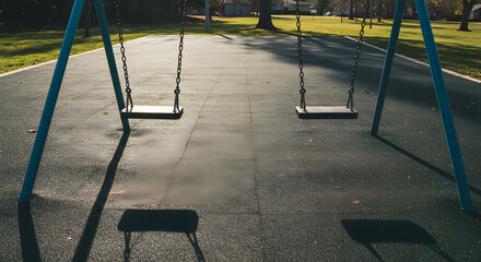 Empty Swings, Sun-Dappled Playground Surface, Autumnal Light