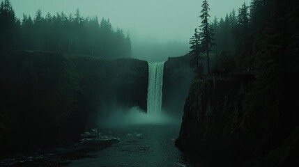 A majestic waterfall flowing into a dark moody river landscape