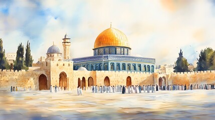 Obraz premium Watercolor depiction of a holy site with golden dome.