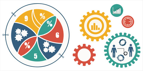 Gear mechanism infographics showing statistics and percentage data breakdown, representing teamwork and business strategy development