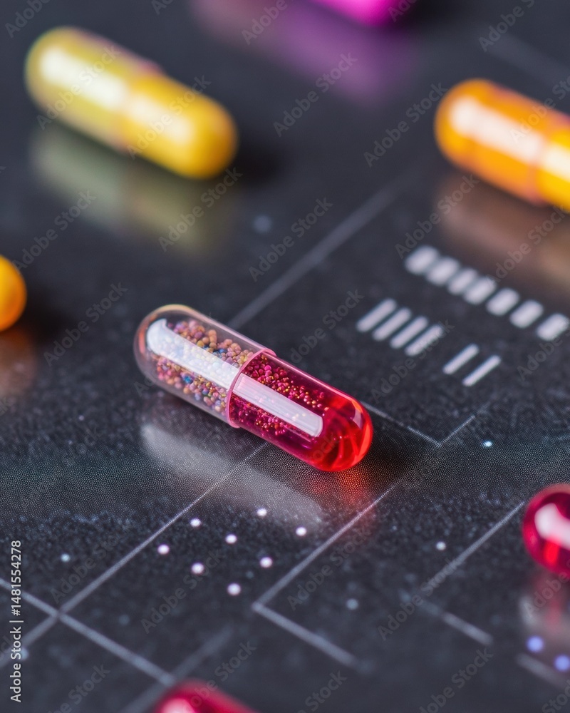 Poster Neurohacking Precision Futuristic Transparent Nootropic Capsules Visualizing Cognitive Performance Optimization for Biohacking Wellness Technology