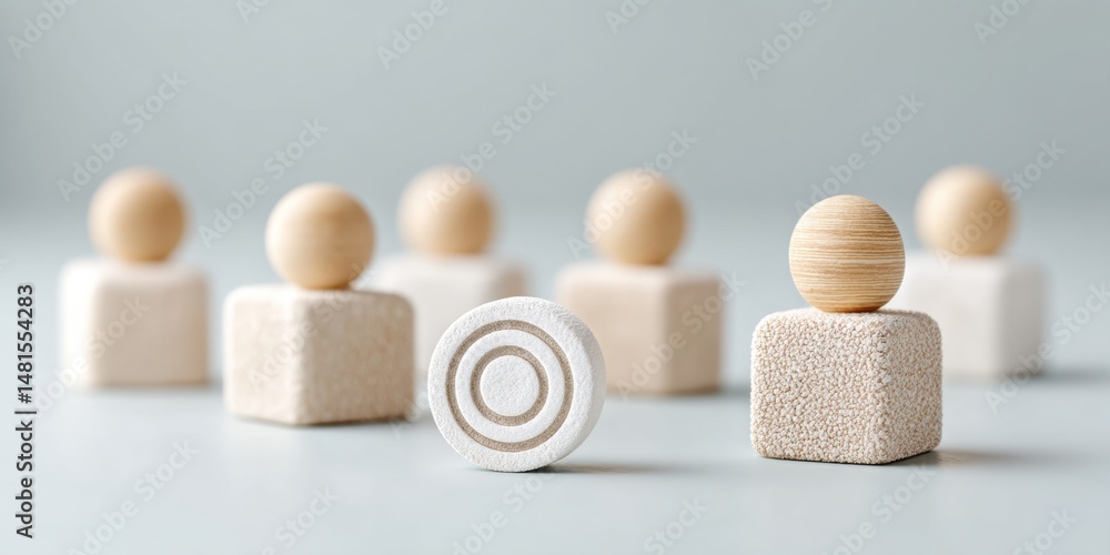 Poster minimalist target marketing strategy neutral-toned wooden blocks visualizing customer connection, de