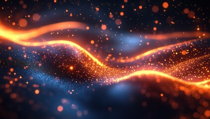 Abstract glowing, wavy lines of orange and blue particles.  Dark background with shimmering effect