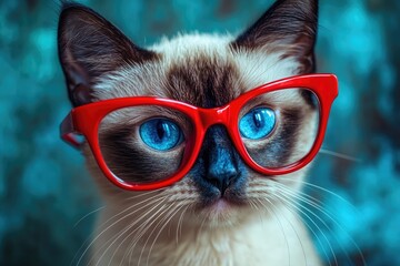 World Cat Day, serious domestic gray cat with glasses, vision check, ophthalmology salon, veterinary clinic, blue background,Fashion red tabby cat wearing sunglasses posing indoor on a blue background