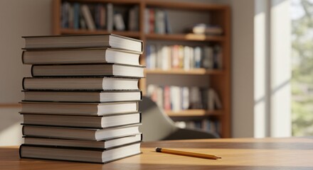 Stack of Books and Pencil on Wooden Table in a Bright Room