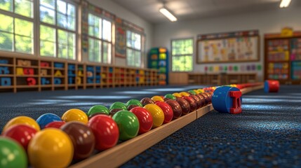 Colorful classroom with learning aids.  Wooden flooring, colorful balls, and bright lighting
