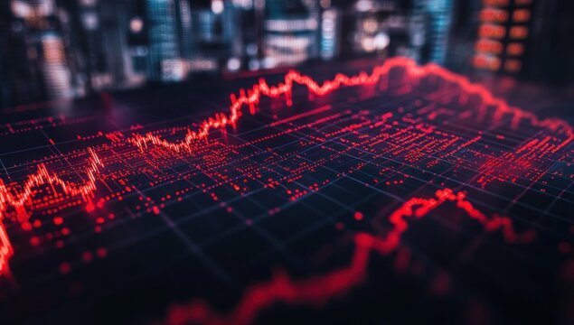 Declining stock market trends displayed on a digital screen, showing red graph lines on a dark background