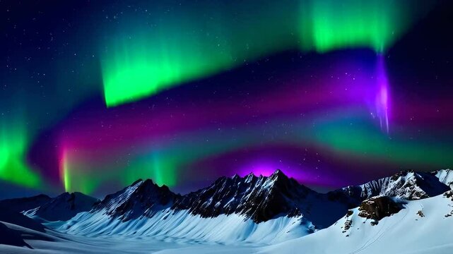 Across the winter mountain landscape, a rare night rainbow joins the aurora borealis dancing in the cloudy sky