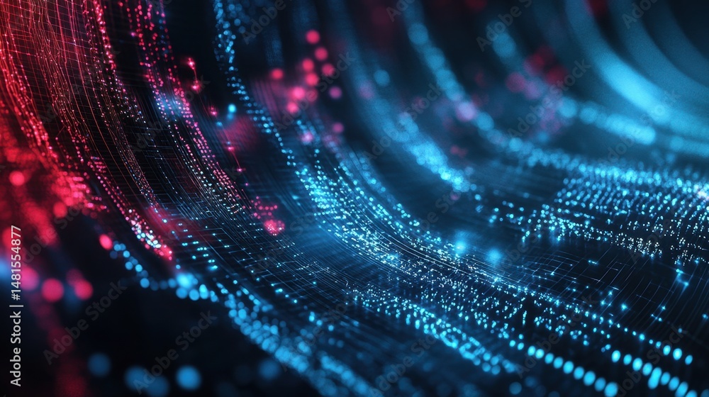 Poster abstract digital waves of blue and red light dots creating a futuristic, flowing data network on a d