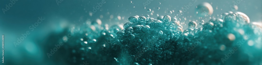 Poster Immersive Macro Fluid Dynamics Teal Liquid Bubbles Revealing Micro-Architectural Complexity in Cutting-Edge Scientific Visualization Technology