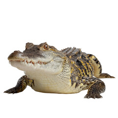 Fototapeta premium A close-up of a crocodile with its mouth closed, showing its sharp teeth. The crocodile is lying on its belly, its head raised, and looking directly at the camera.