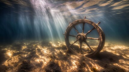 Underwater nautical wheel lost at sea with sunlight marine antique shipwreck background on ocean floor great for travel adventure and maritime themes 