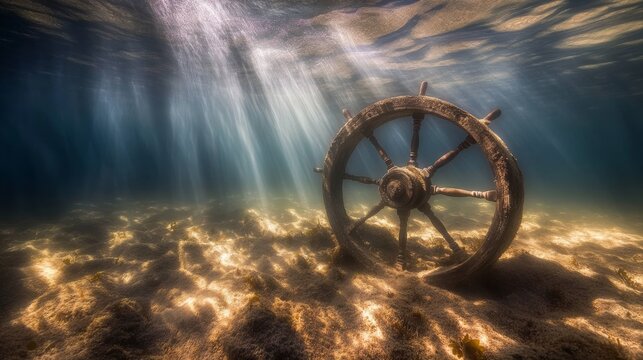 Underwater nautical wheel lost at sea with sunlight marine antique shipwreck background on ocean floor great for travel adventure and maritime themes 
