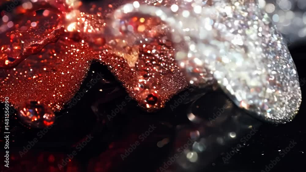 Poster Dynamic drops of red and white glitter in black oil or ink diffusing through liquid, creating an abstract aquatic swirls