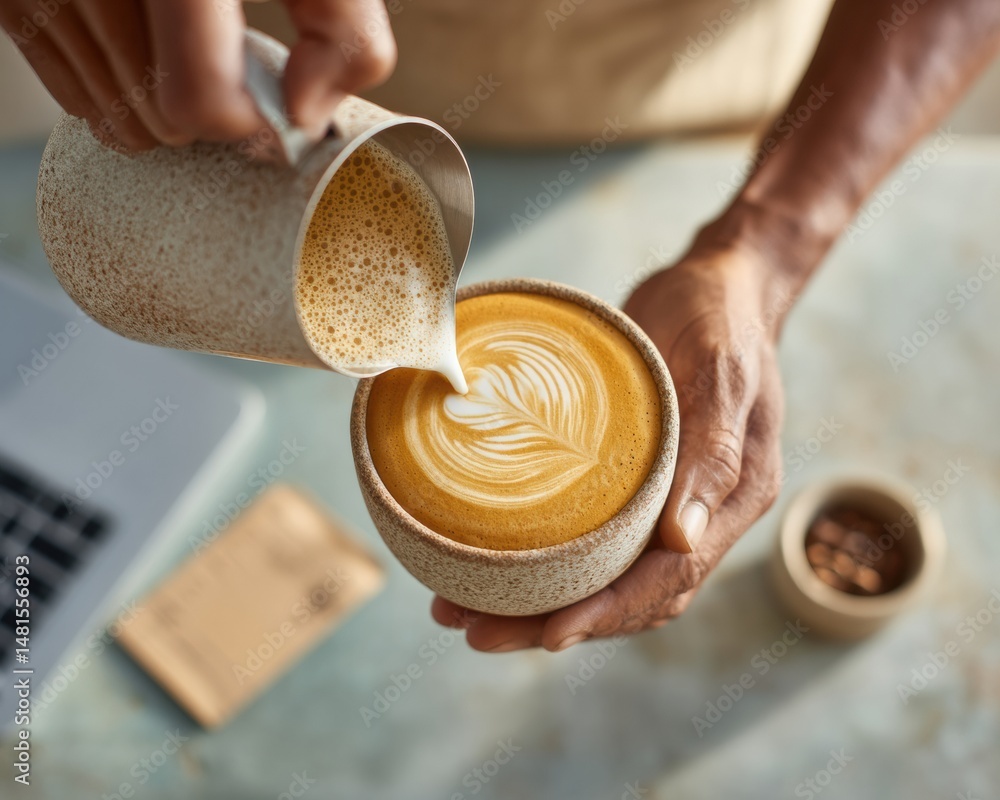Poster artisan coffee crafting mindful microenterprise workflow with sustainable ceramic latte art - dynami