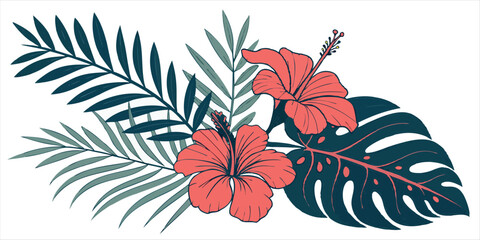 Tropical floral arrangement featuring hibiscus flowers, palm leaves, and monstera foliage in vibrant colors on a white background