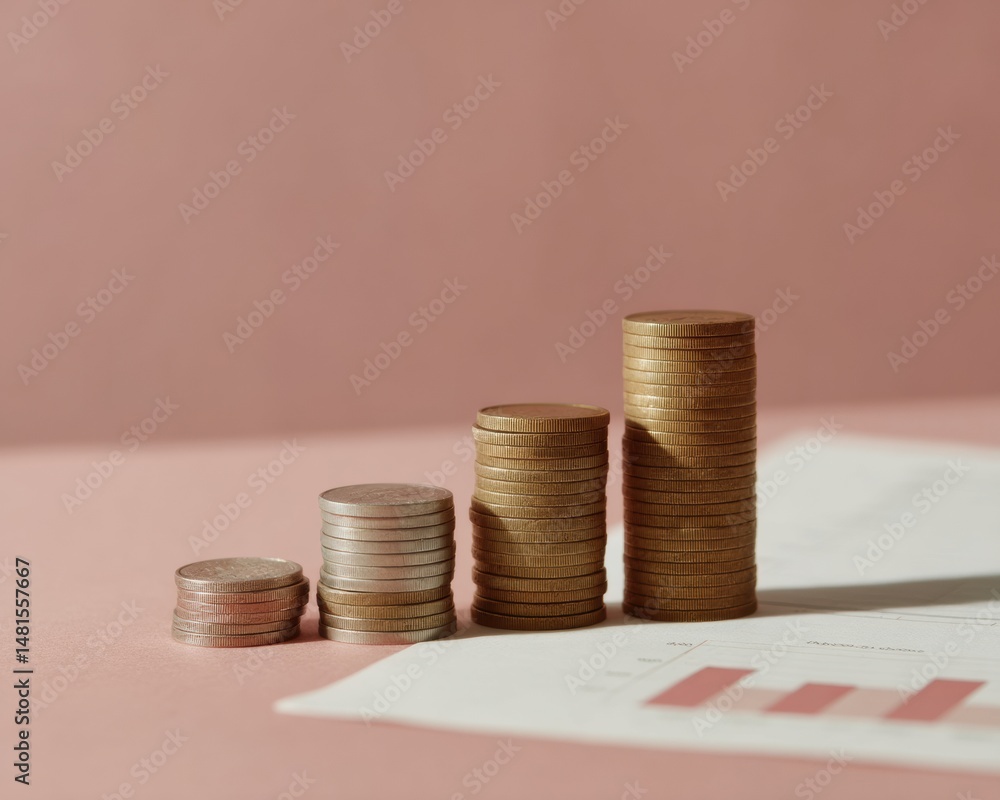 Aufkleber minimalist financial growth visualization ascending coin stacks on soft blush background - modern in