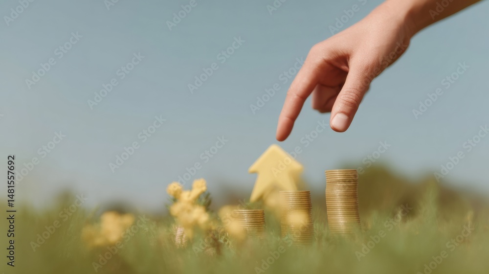 Poster minimalist financial growth visualization soft-focus hand navigating golden coin stacks with soft la