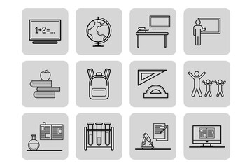 Diverse set of icons representing various aspects of education, including teaching tools, scientific equipment, and study materials