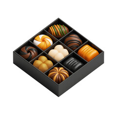 Isometric view of a premium box of assorted gourmet chocolates with varied textures and flavors