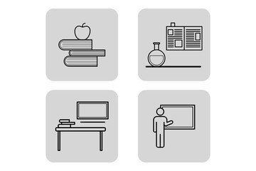 Collection of line icons representing education themes, including books, flask, bulletin board, computer, and teacher at chalkboard, suitable for educational materials