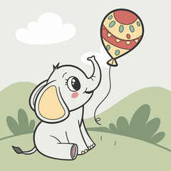 Adorable baby elephant sitting with a balloon, perfect for nursery art, greeting cards, and children's products.