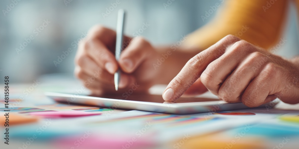 Poster Minimalist Digital Workflow Next-Gen Productivity Visualization with Touchscreen Tablet, Collaborative Analytics, and Multi-Color Strategic Planning