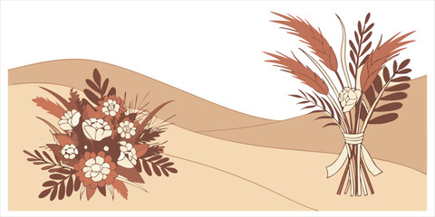 Pastel botanical arrangement with flower bouquets and wheat, romantic countryside decoration element on soft colors background, vector illustration
