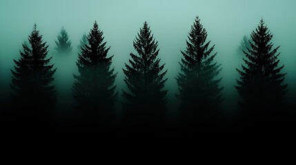 Obraz premium Silhouetted evergreen trees emerge from a dense ethereal green fog