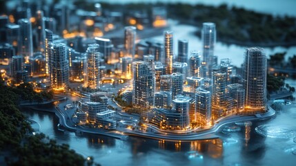 Naklejka premium A high-tech urban development area featuring floating holographic construction models