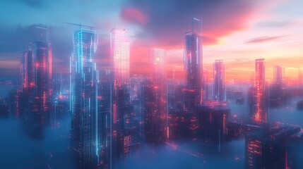 Naklejka premium A high-tech urban development area featuring floating holographic construction models