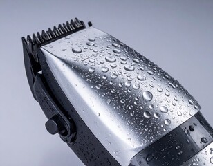 Close-up of a waterproof trimmer with water beads on the body, emphasizing durability