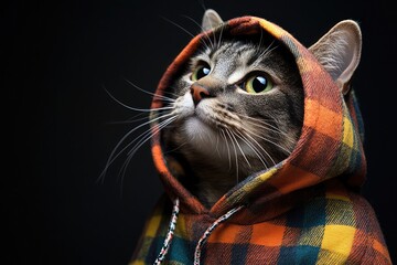 A cat dressed in a pink sweater with a hoodie, looking cozy and stylish ,a kitty wearing a winter coat walks along a rocky trail