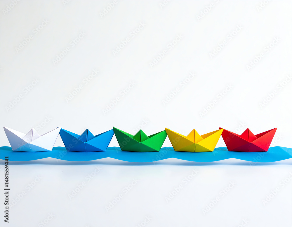 Poster colorful origami boats float on a blue wave, creating a playful and artistic scene with a minimalist
