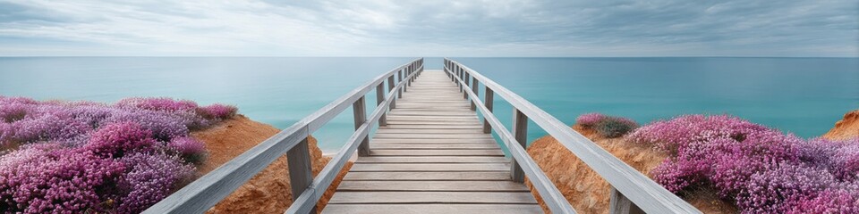 Obraz premium Coastal Serenity Mindful Travel Meets Immersive Landscape Design - Sustainable Tourism Experience on Elevated Wooden Boardwalk Through Lavender Coastal Terrain